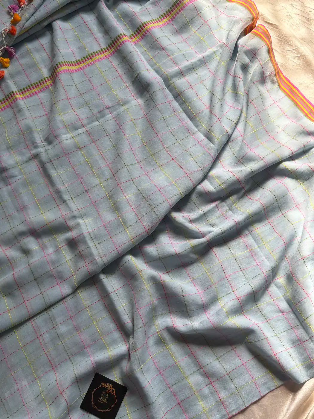 Mulmul Cotton Saree with Kantha Work - Pastel Blue