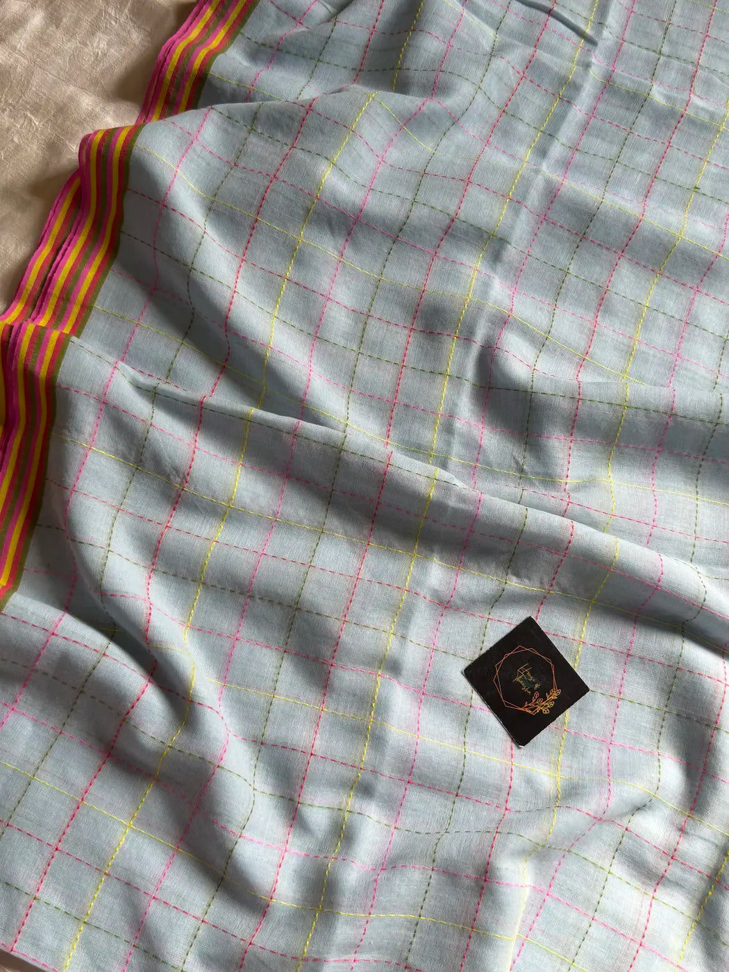 Mulmul Cotton Saree with Kantha Work - Pastel Blue