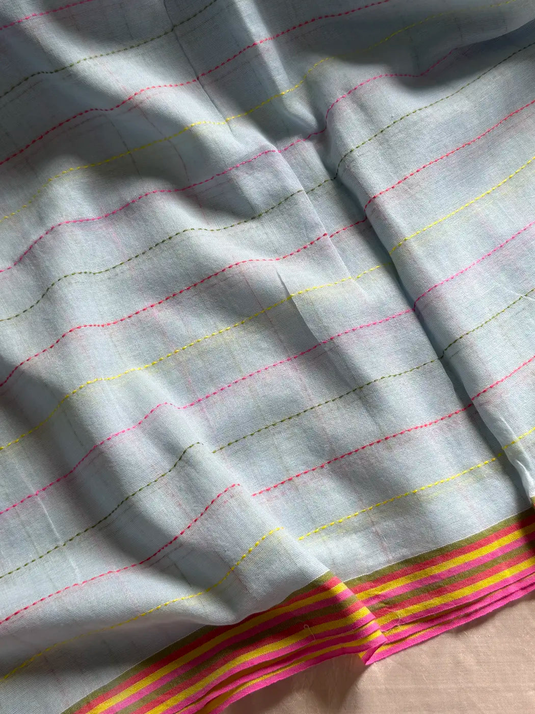 Mulmul Cotton Saree with Kantha Work - Pastel Blue