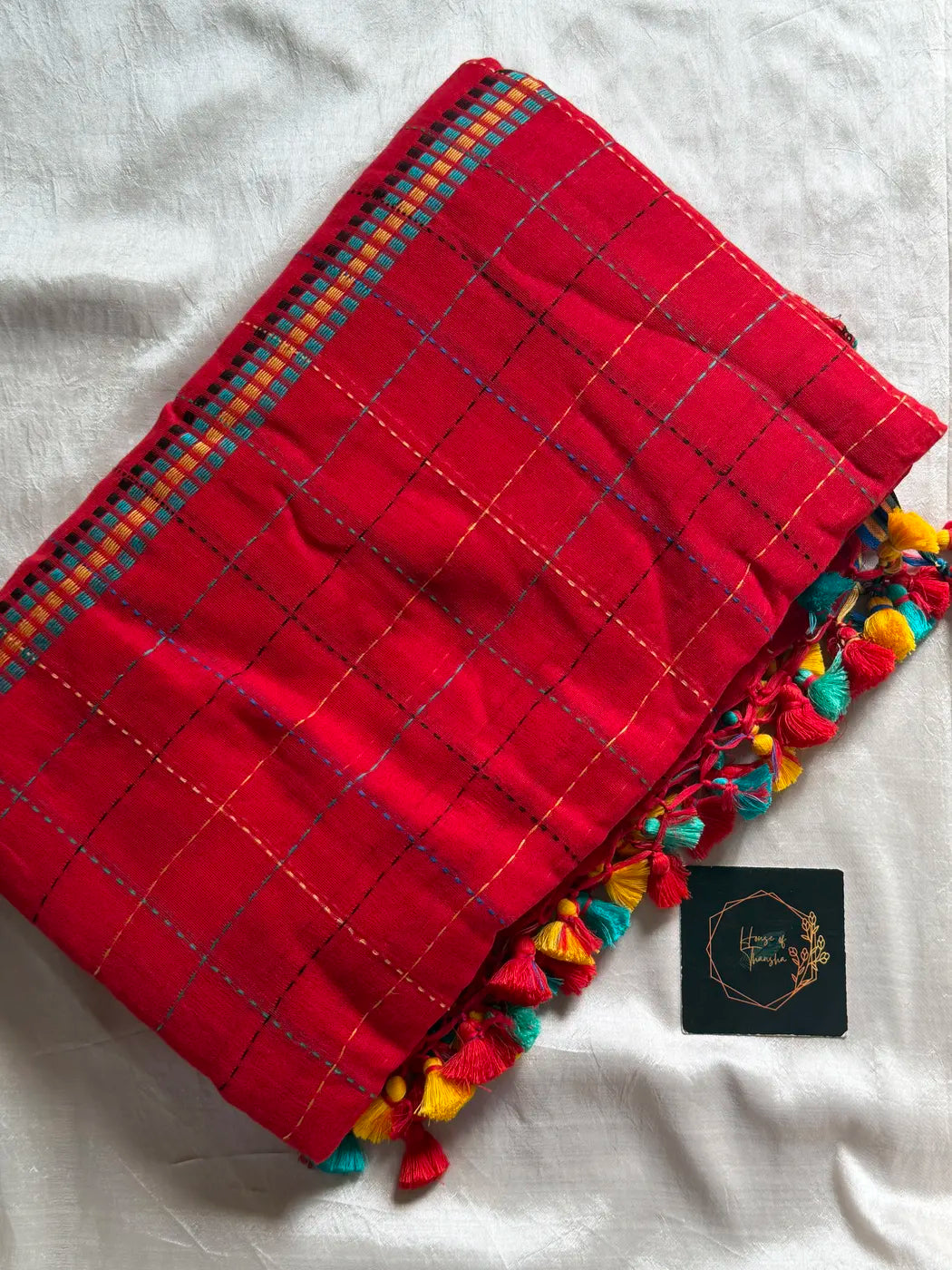 Mulmul Cotton Saree with Kantha Work - Red