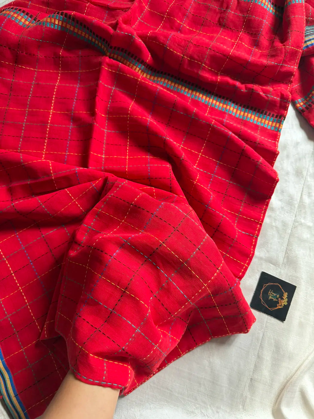 Mulmul Cotton Saree with Kantha Work - Red