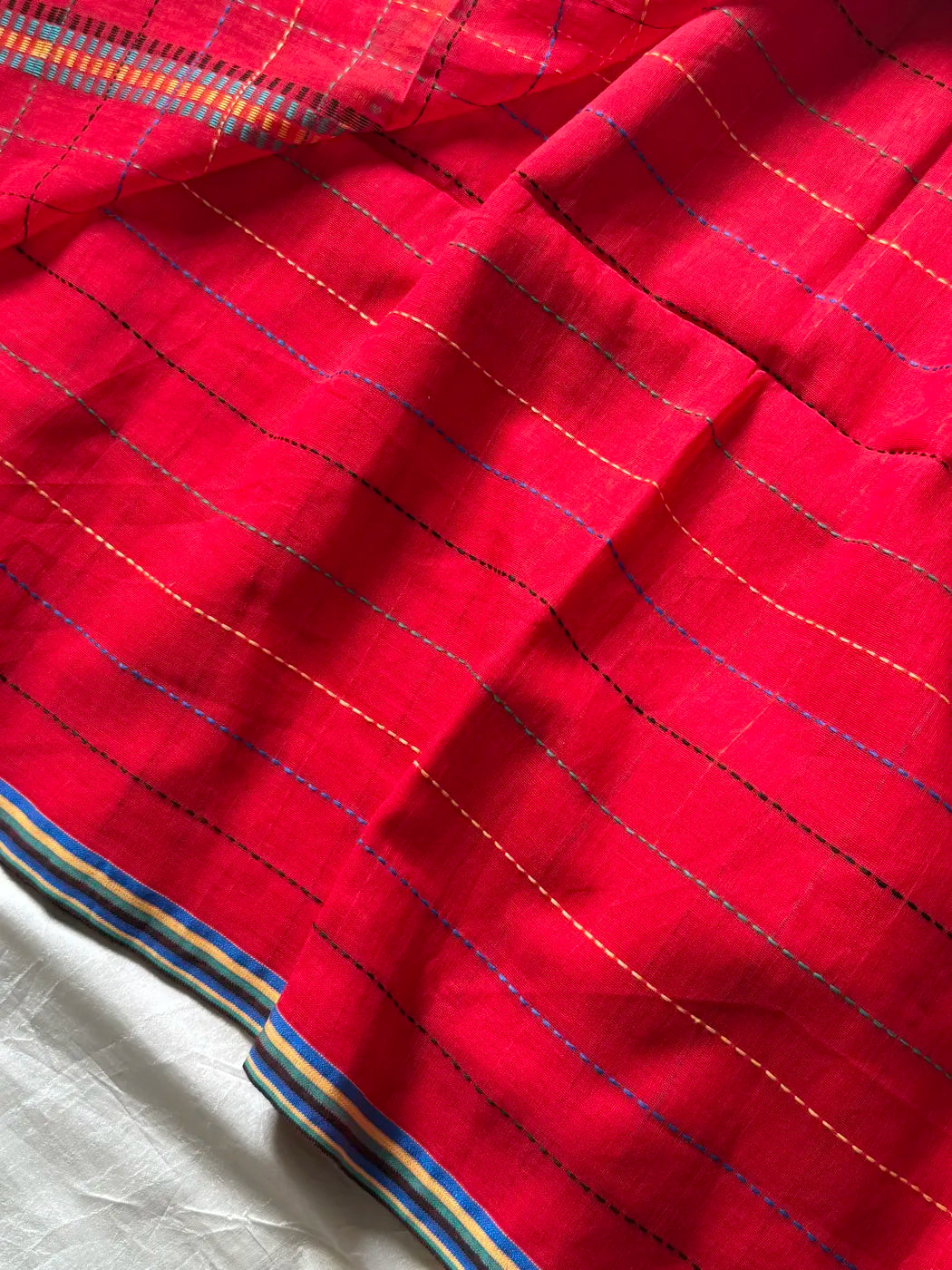 Mulmul Cotton Saree with Kantha Work - Red