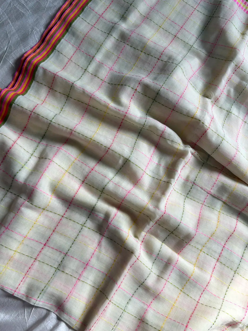 Mulmul Cotton Saree with Kantha Work - Beige