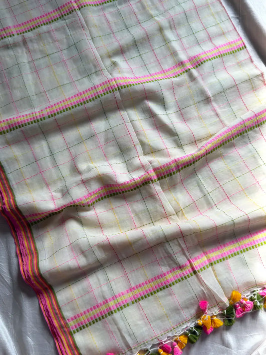 Mulmul Cotton Saree with Kantha Work - Beige