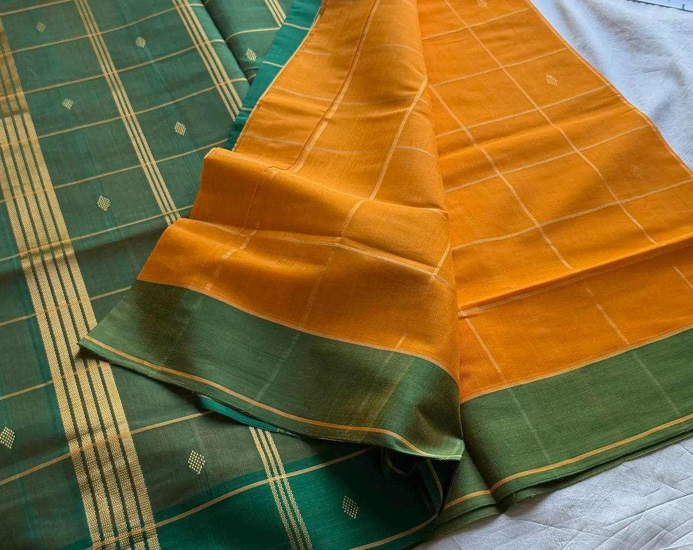 Vegan Silk saree – Yellow Checked Handloom Art Silk Saree