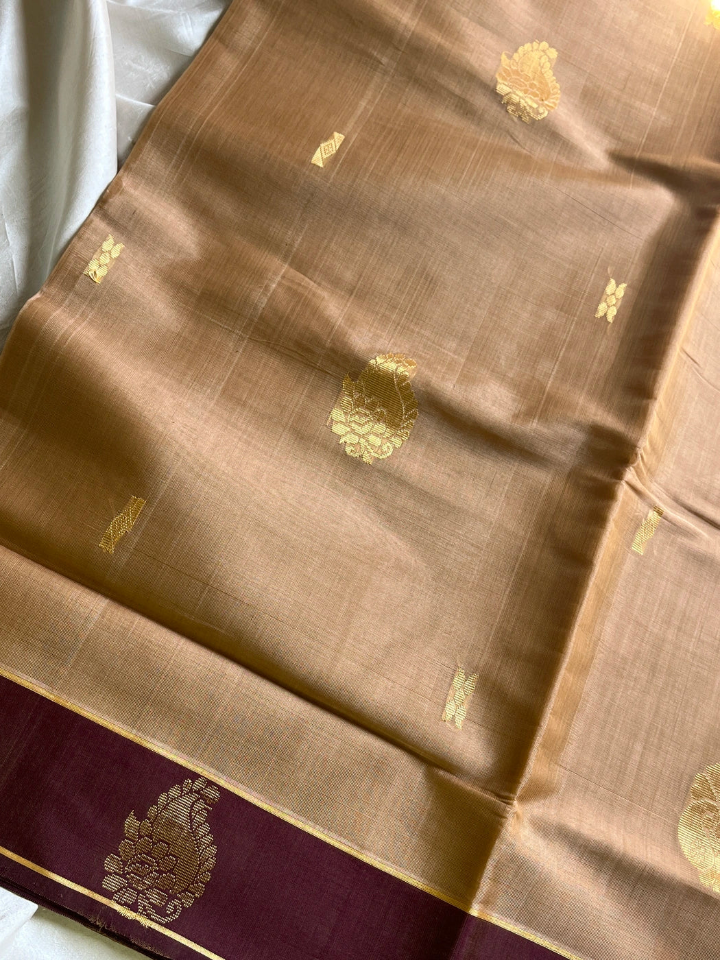 Vegan Silk Saree – Beige & Brown Handloom Art Silk