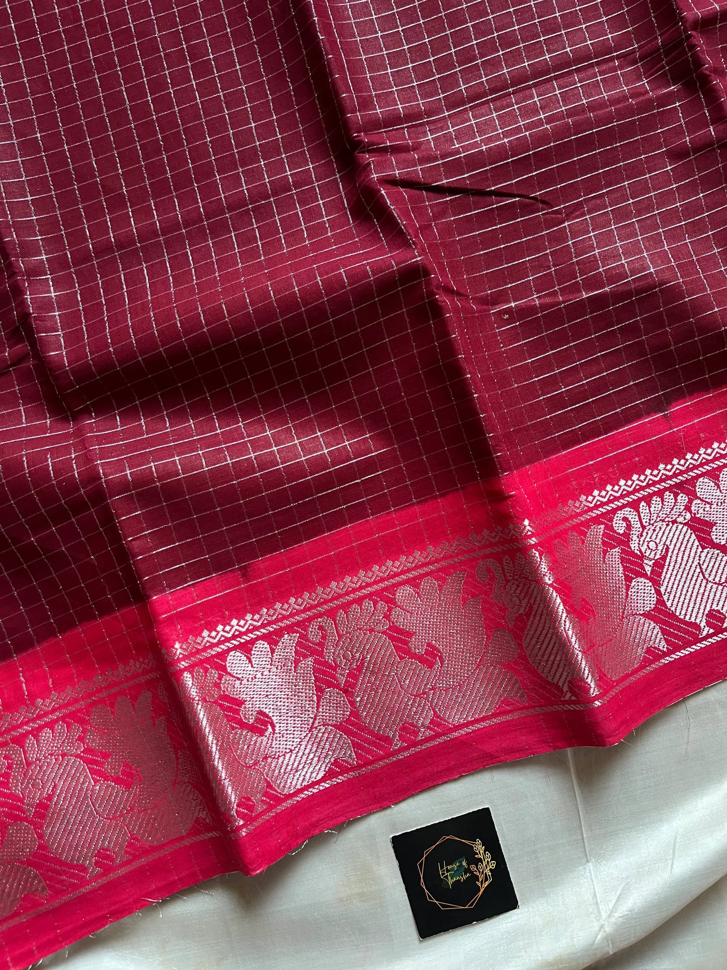 Maroon Sungudi cotton saree with zari checks and contrast border – House of Thansha