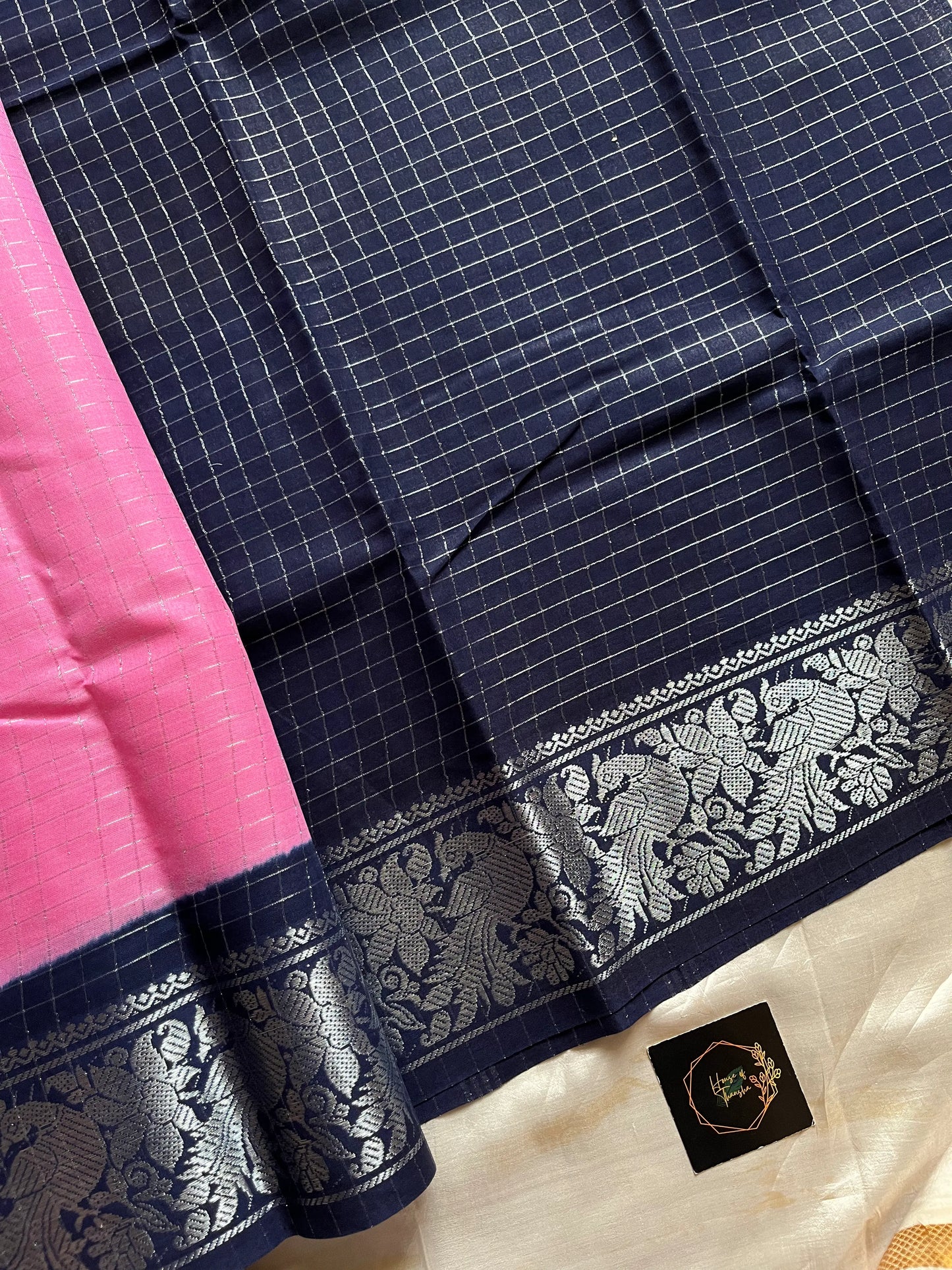 Pink Sungudi cotton saree with zari checks and contrast border – House of Thansha