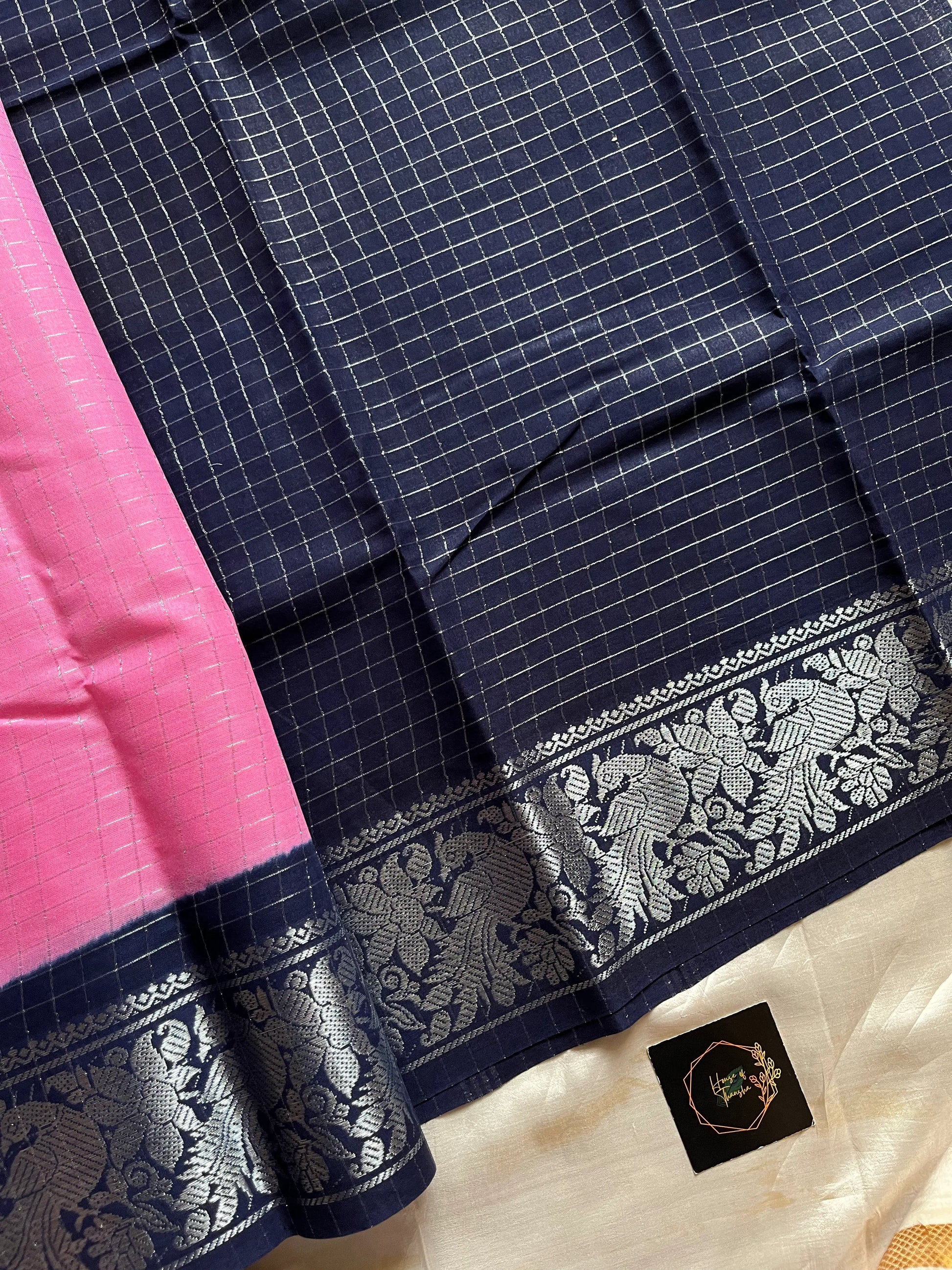 Pink Sungudi cotton saree with zari checks and contrast border – House of Thansha