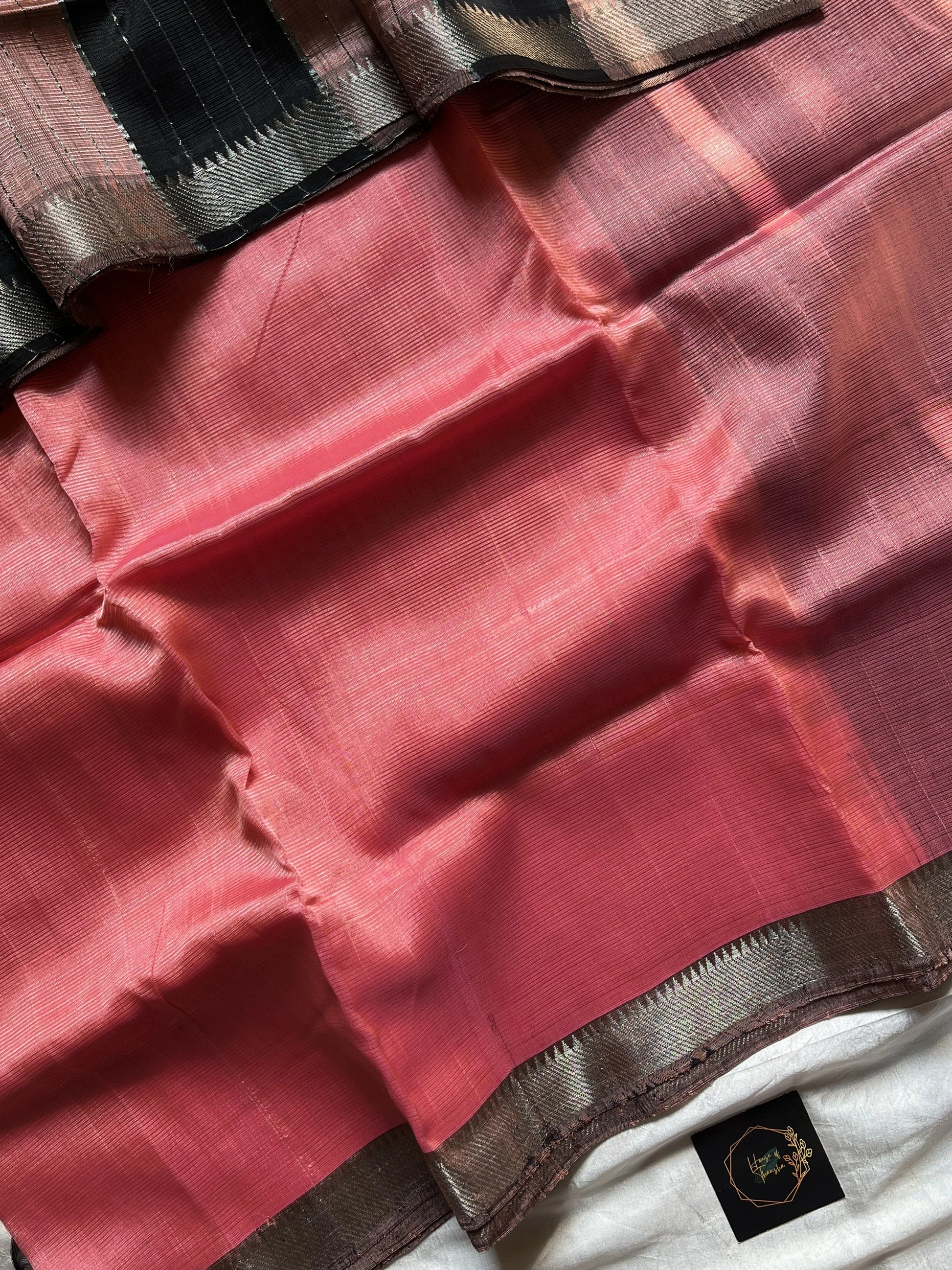 Peach Mangalagiri silk cotton saree with black Nizam border – Petal Smoke – House of Thansha