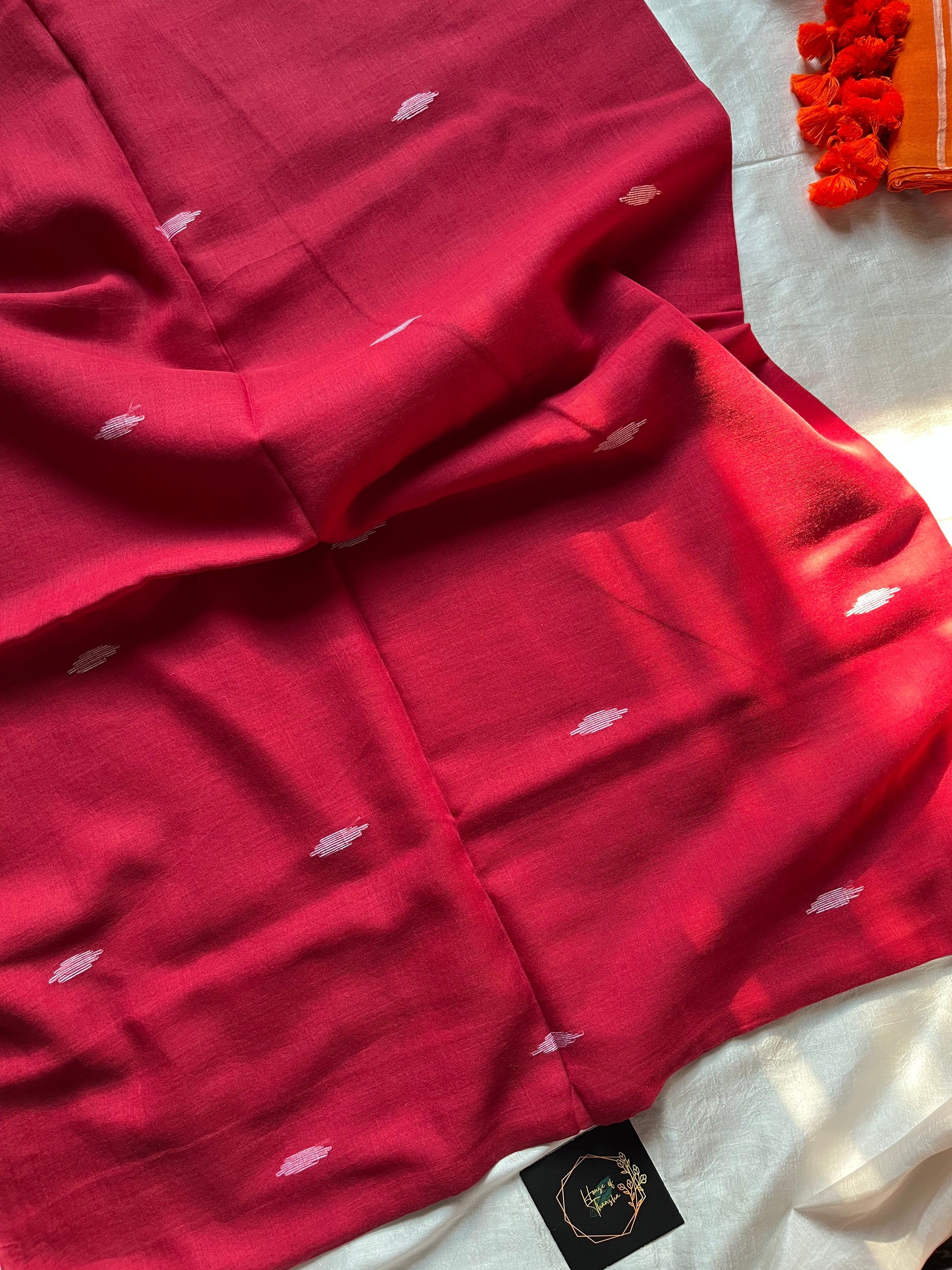 Ruhani – Pure handloom maroon mulmul cotton saree with subtle woven motifs | House of Thansha