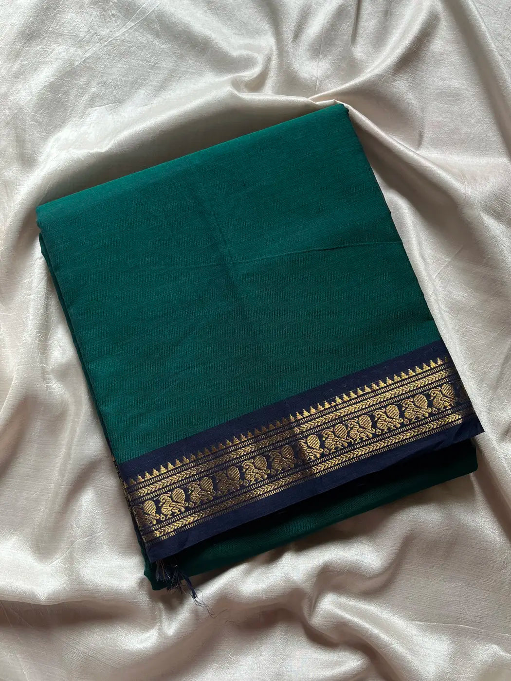 Minimal Border Edit - Dark Peacock green Kanchi Cotton Saree