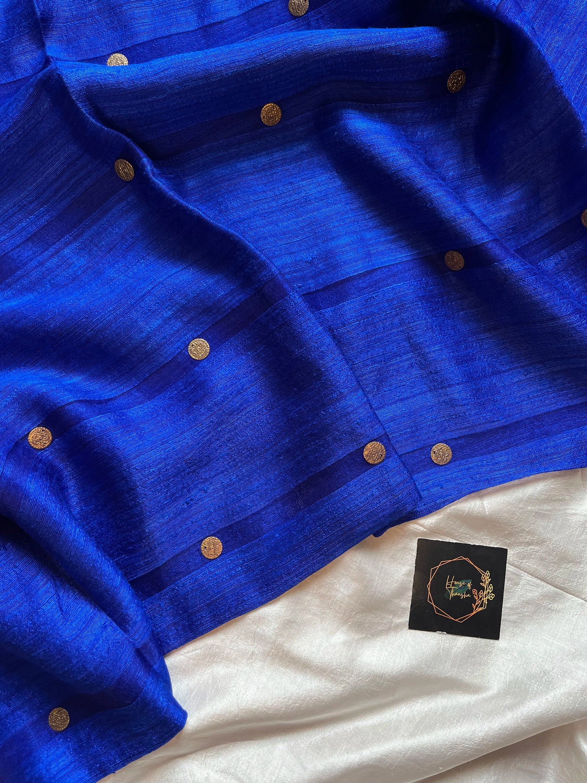Royal blue matka silk saree with muslin pallu and gini weave – House of Thansha