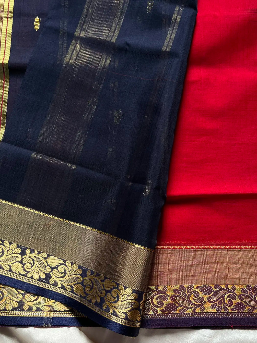 Vegan Silk Saree – Red & Blue | Handloom