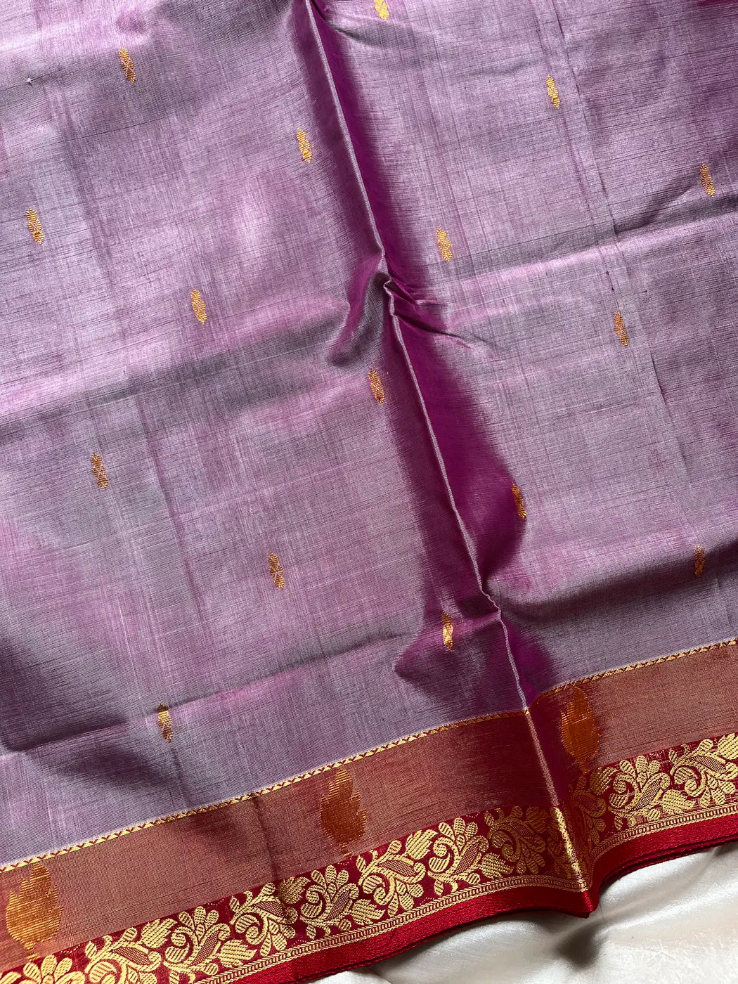 Vegan Silk Saree – Lavender & Red | Handloom