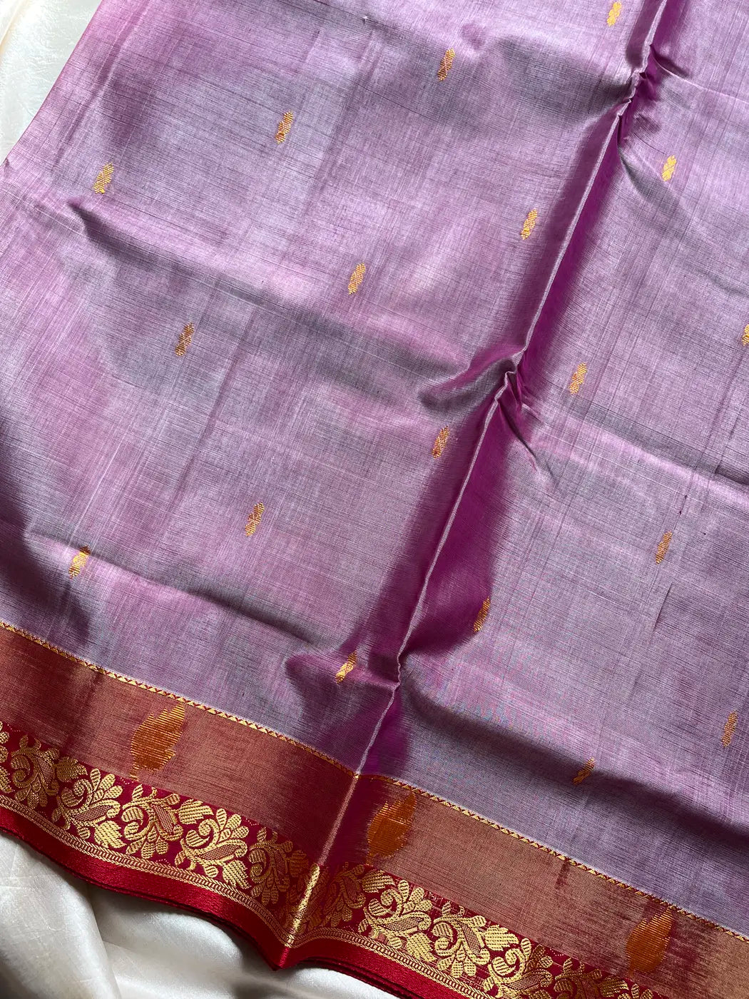 Vegan Silk Saree – Lavender & Red | Handloom