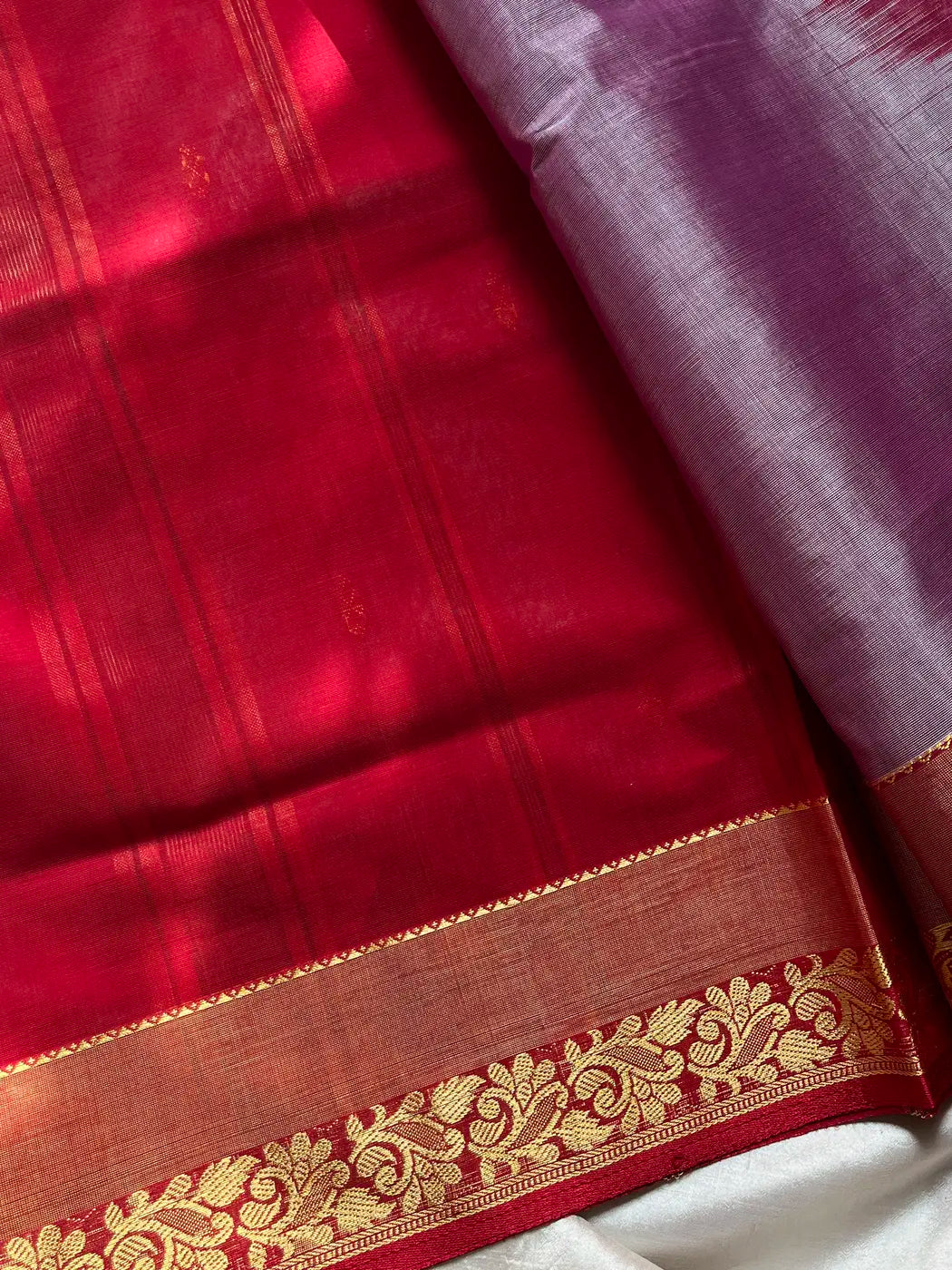 Vegan Silk Saree – Lavender & Red | Handloom