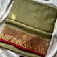 Vegan Silk Saree – Olive & Red | Handloom