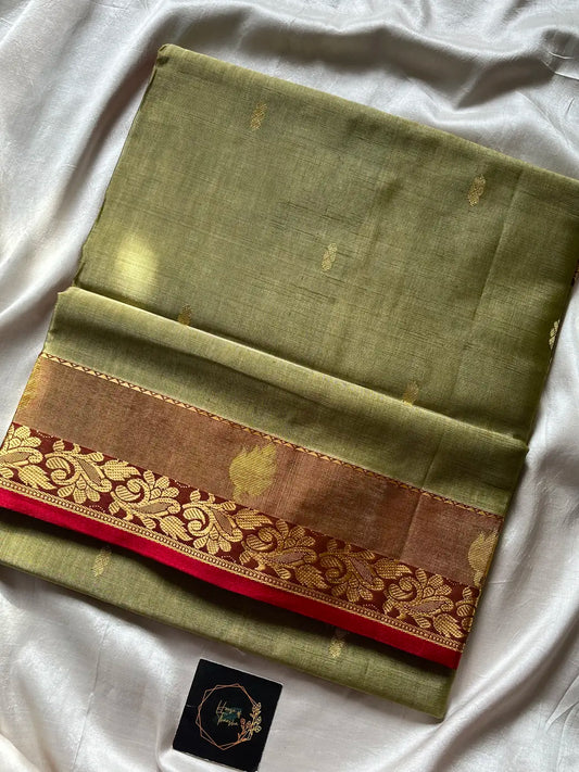 Vegan Silk Saree – Olive & Red | Handloom