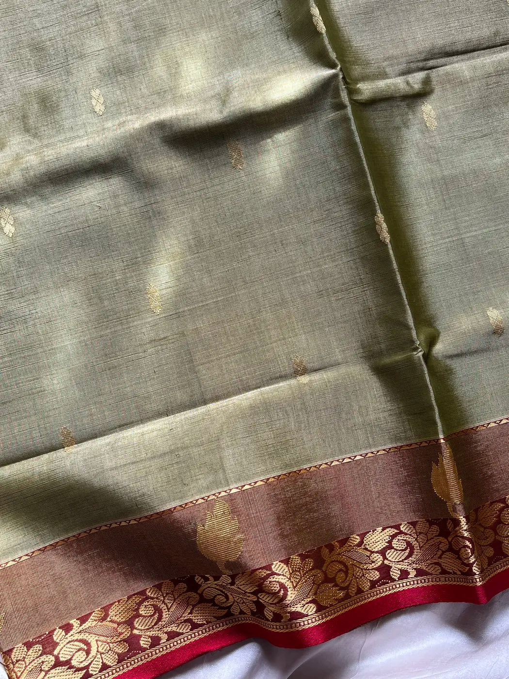 Vegan Silk Saree – Olive & Red | Handloom
