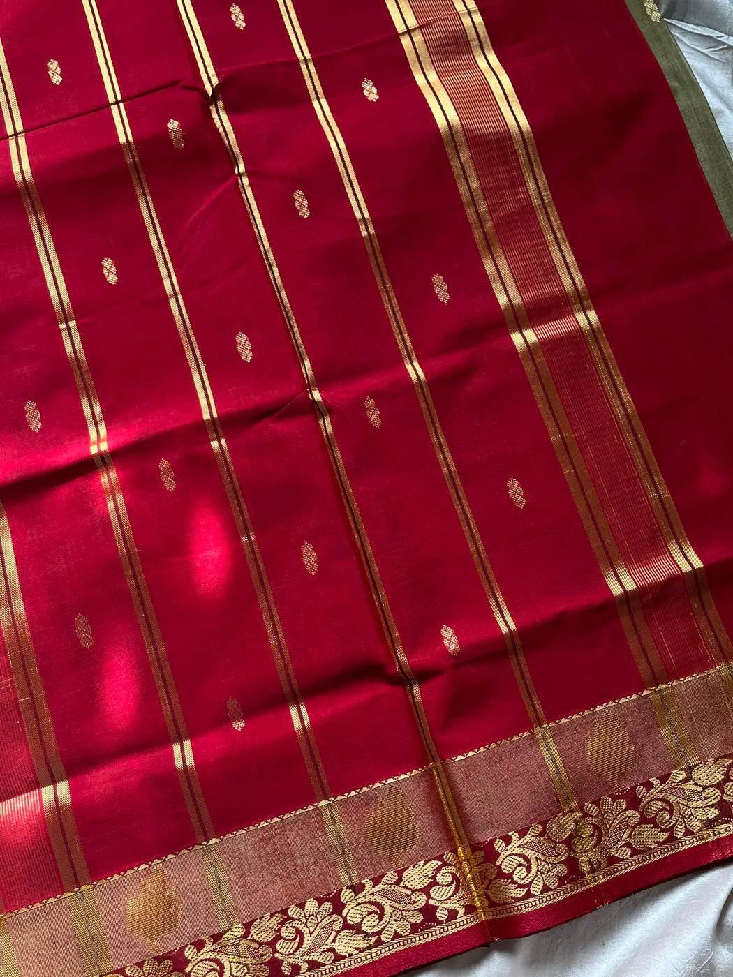 Vegan Silk Saree – Olive & Red | Handloom