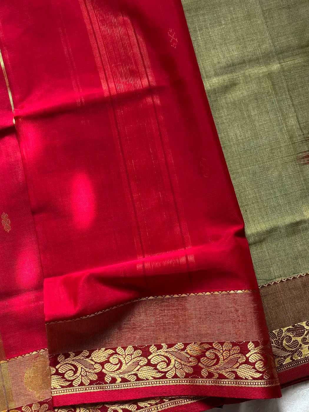 Vegan Silk Saree – Olive & Red | Handloom