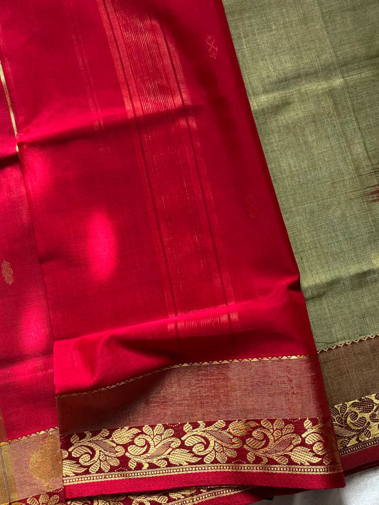 Vegan Silk Saree – Olive & Red | Handloom