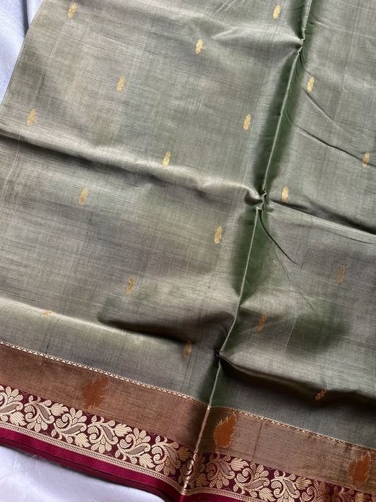 Vegan Silk Saree – Olive & Maroon | Handloom