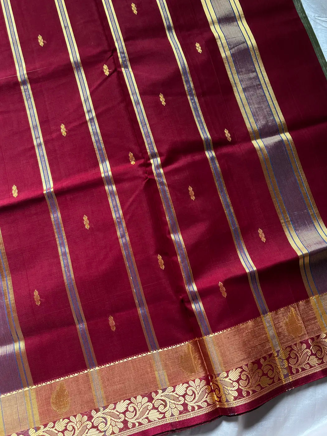 Vegan Silk Saree – Olive & Maroon | Handloom