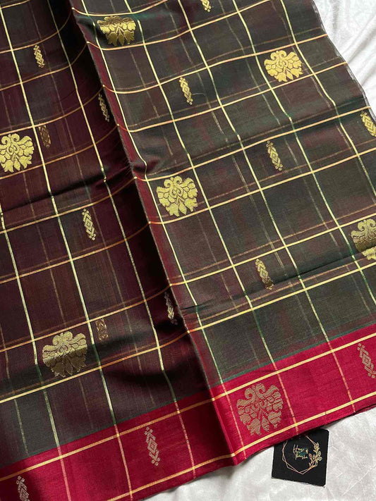 Vegan Weaves – Forest green Checked Handloom Art Silk Saree