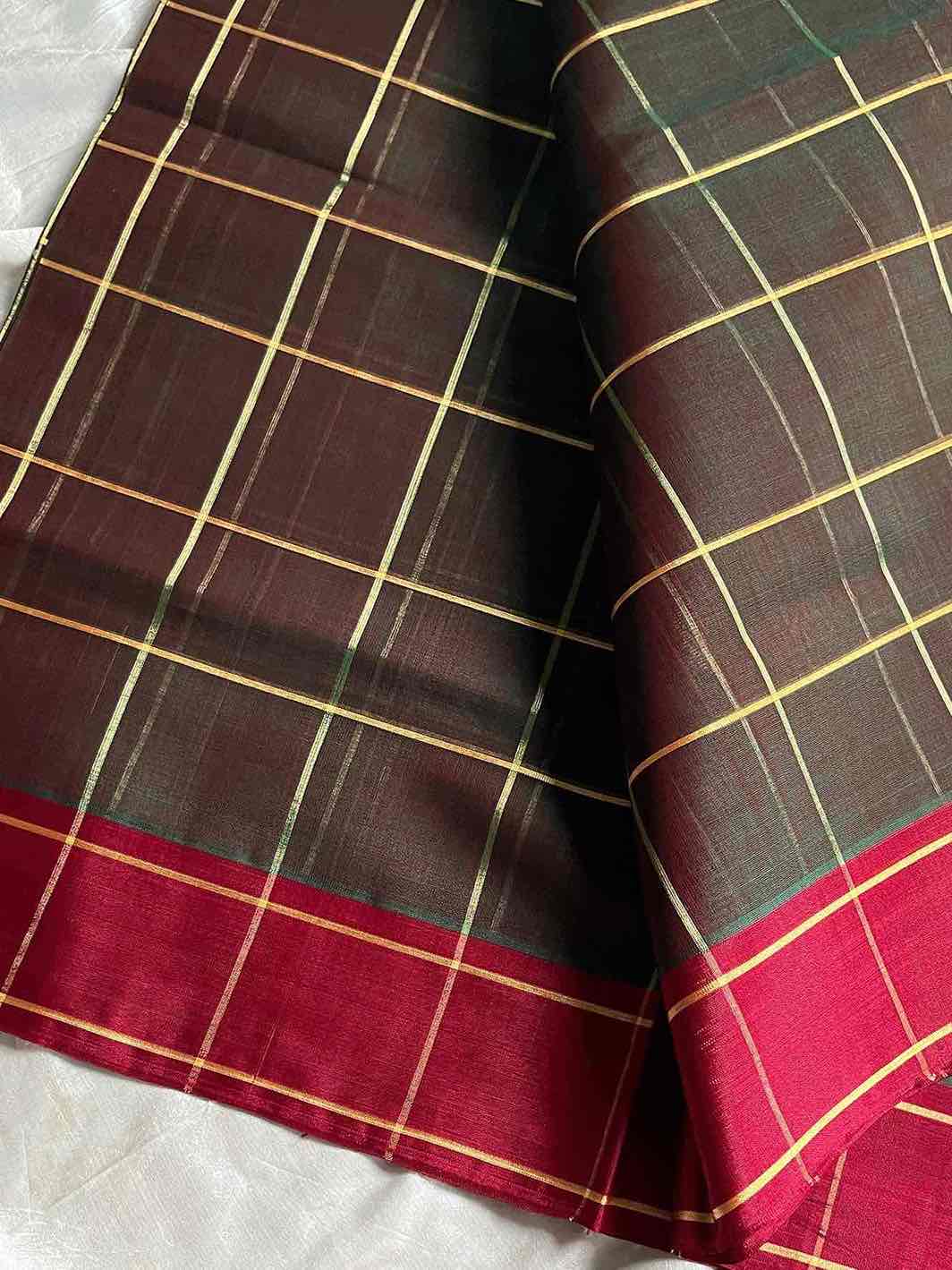 Vegan Weaves – Forest green Checked Handloom Art Silk Saree