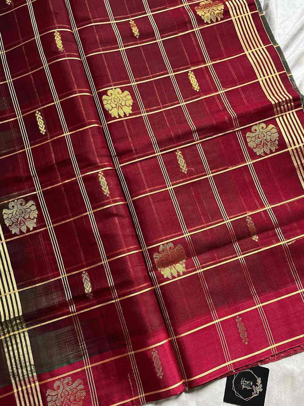 Vegan Weaves – Forest green Checked Handloom Art Silk Saree