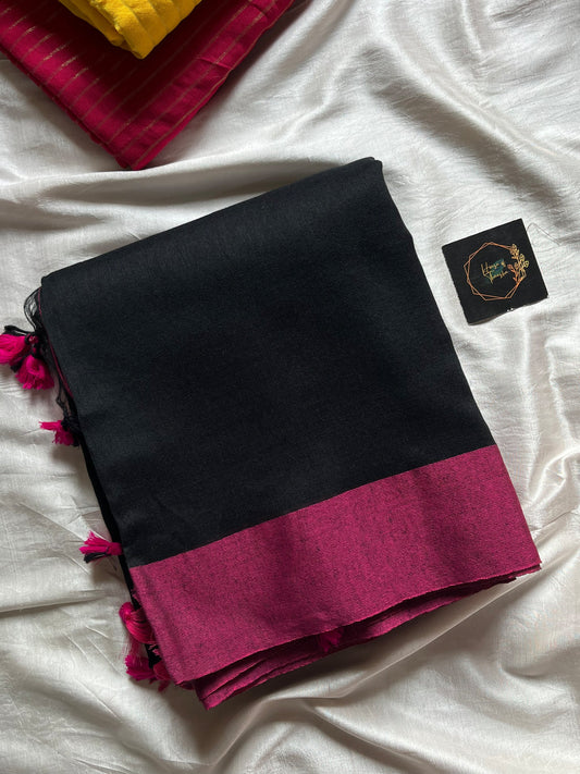 Black Plain Khadi Cotton Saree with contrast border and blouse piece
