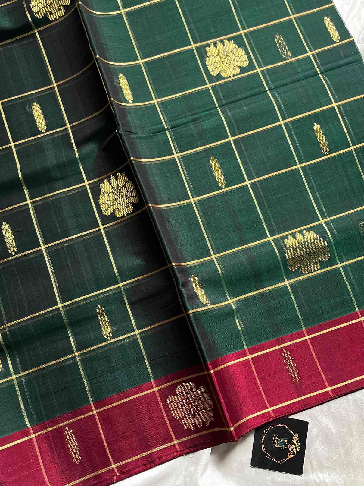 Vegan Weaves – Green Checked Handloom Art Silk Saree