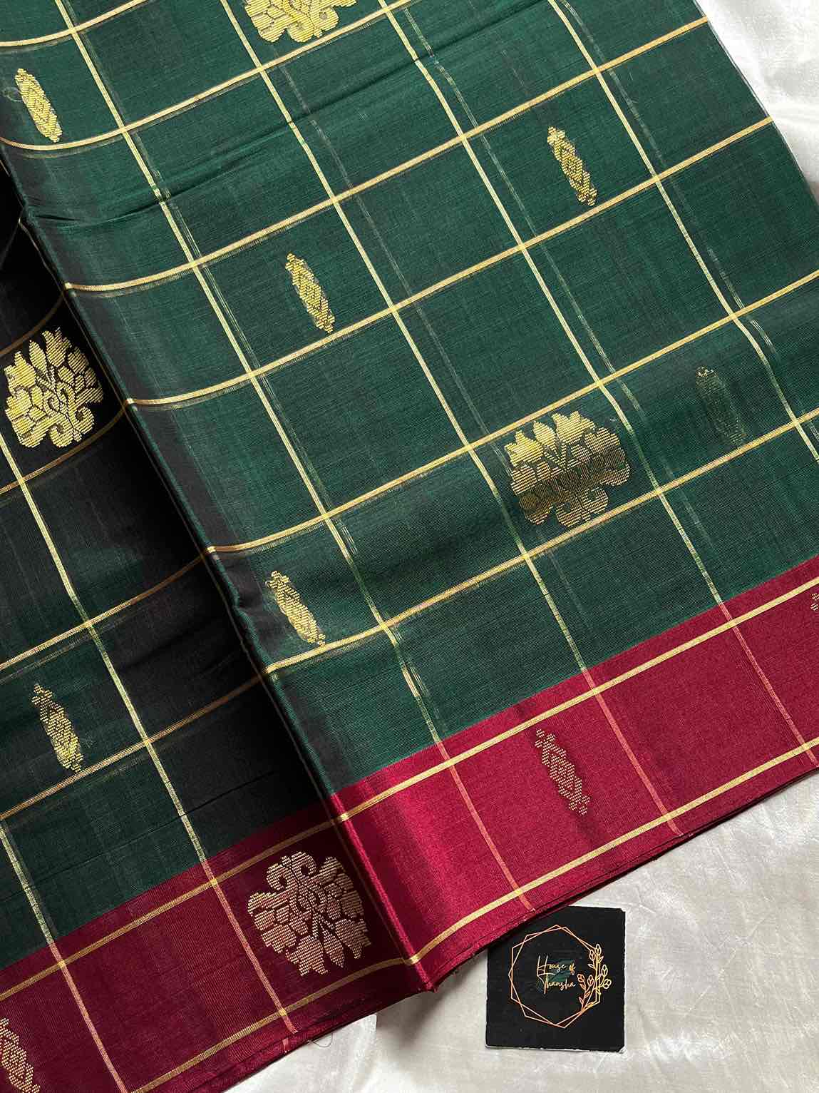 Vegan Weaves – Green Checked Handloom Art Silk Saree