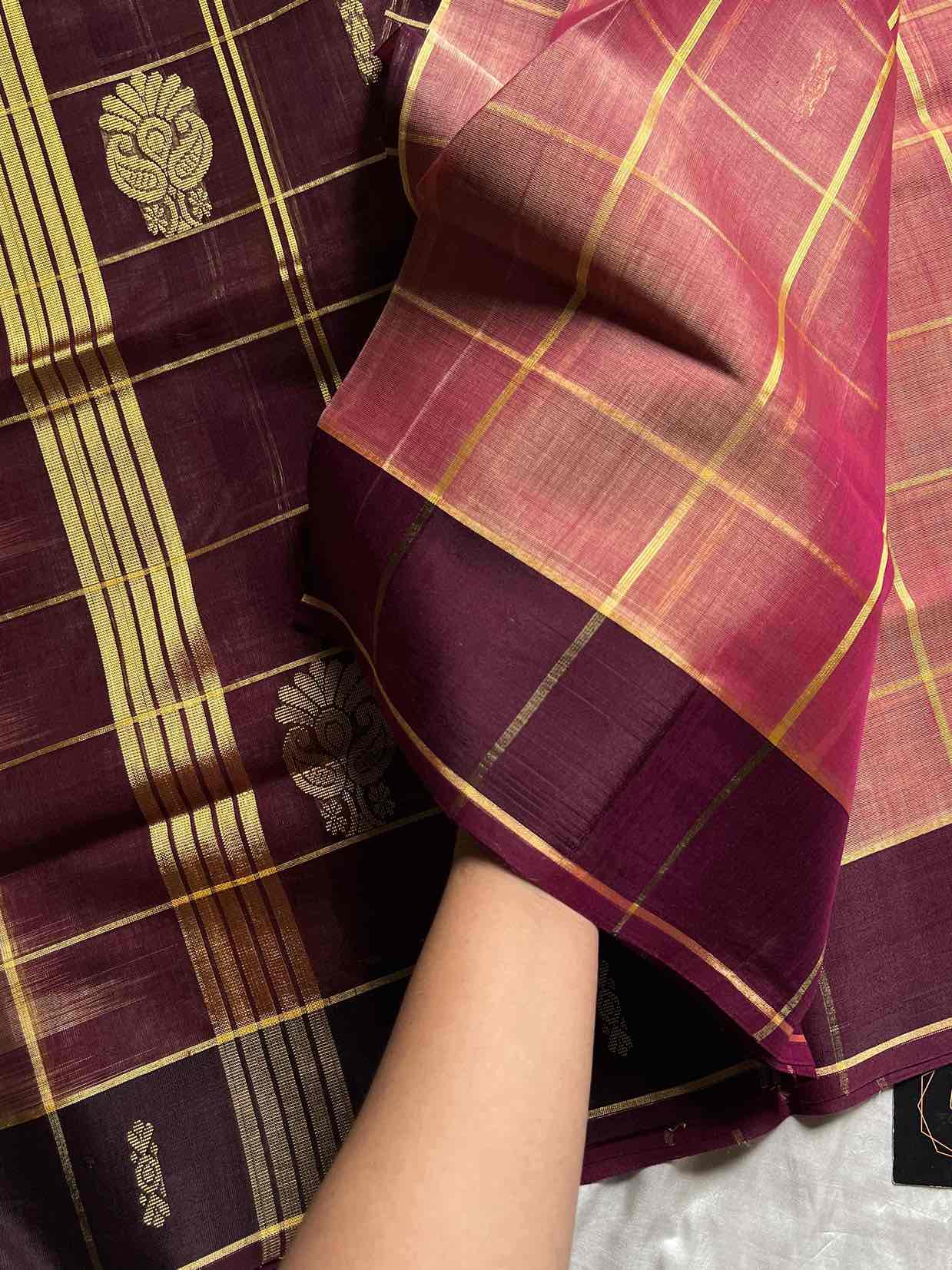 Vegan Weaves – Pastel onion pink Checked Handloom Art Silk Saree