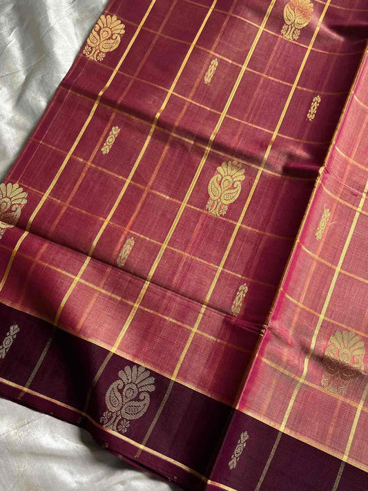 Vegan Weaves – Pastel onion pink Checked Handloom Art Silk Saree
