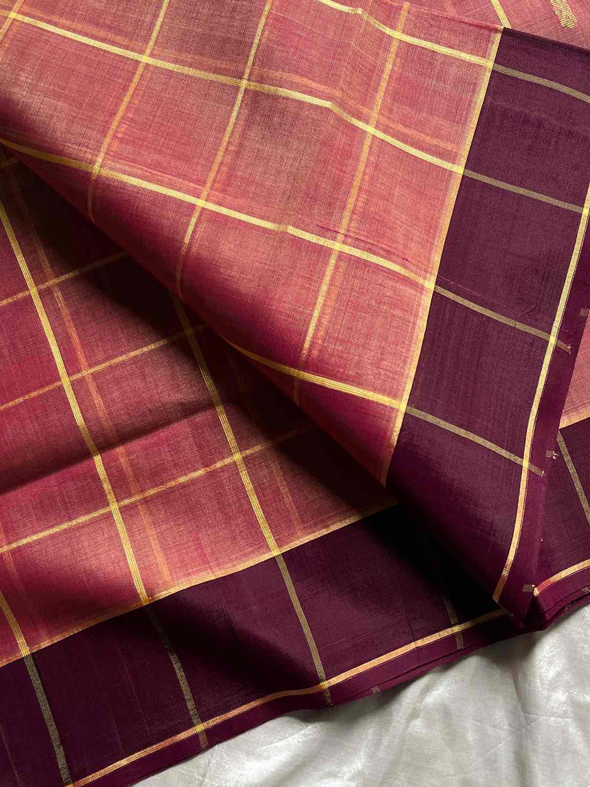 Vegan Weaves – Pastel onion pink Checked Handloom Art Silk Saree
