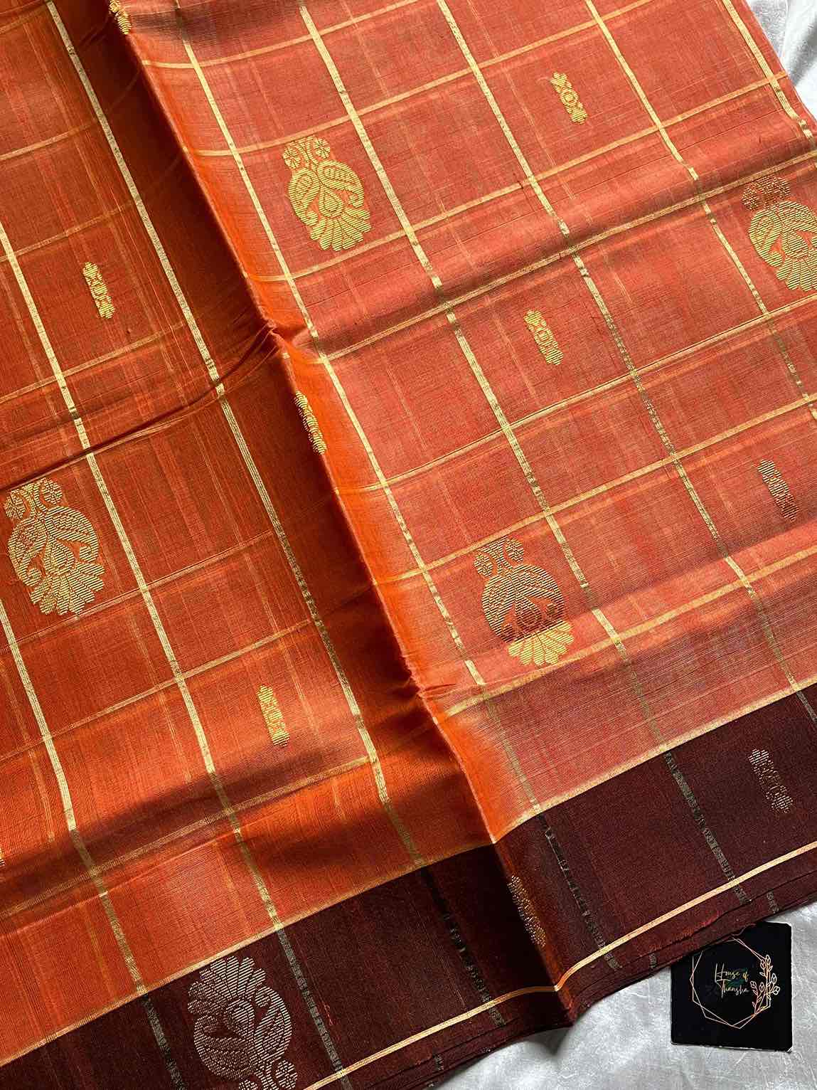 Vegan Weaves – Orange Checked Handloom Art Silk Saree
