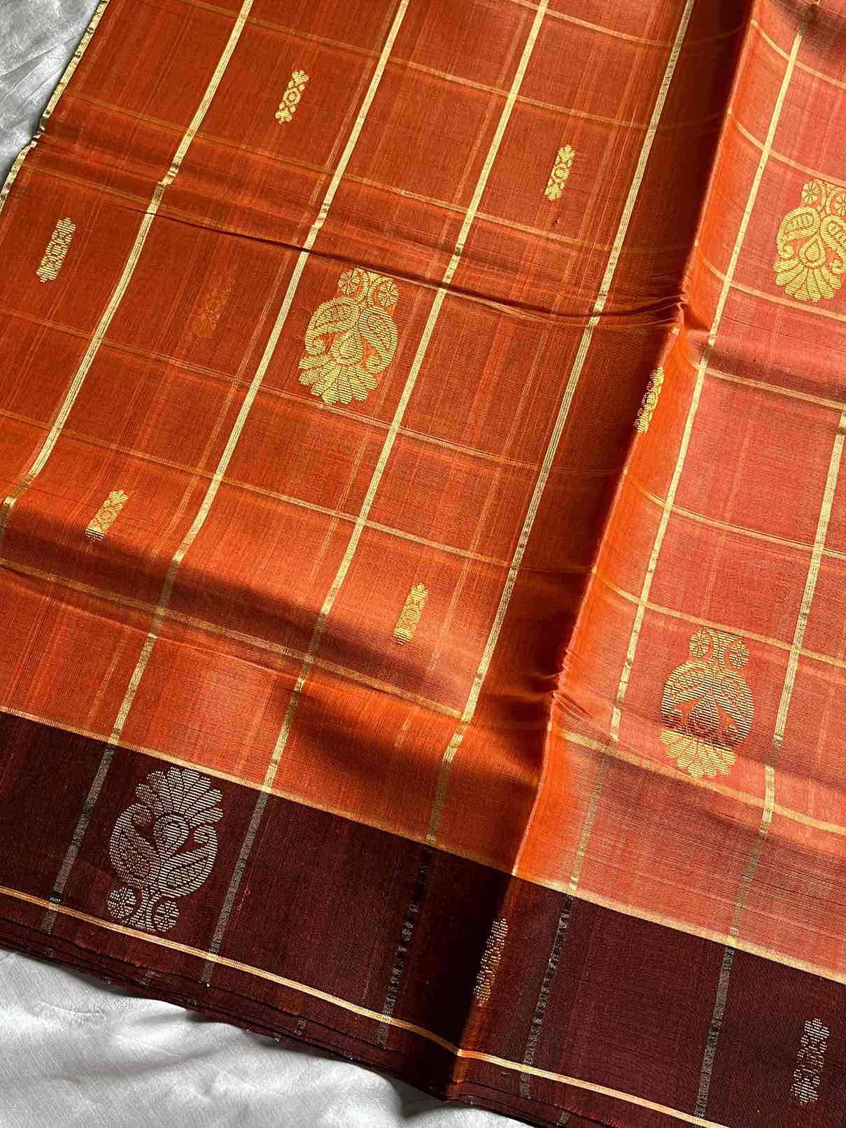 Vegan Weaves – Orange Checked Handloom Art Silk Saree