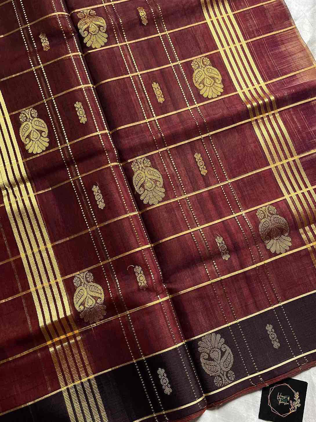 Vegan Weaves – Orange Checked Handloom Art Silk Saree