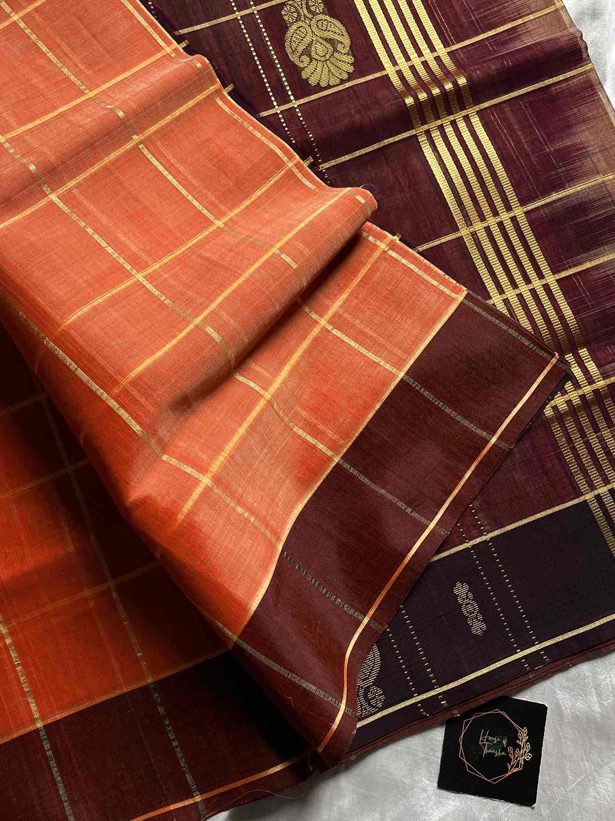 Vegan Weaves – Orange Checked Handloom Art Silk Saree