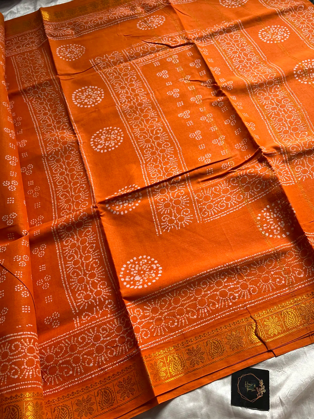 Madurai Sungudi Cotton Madisar 10 Yards - Orange