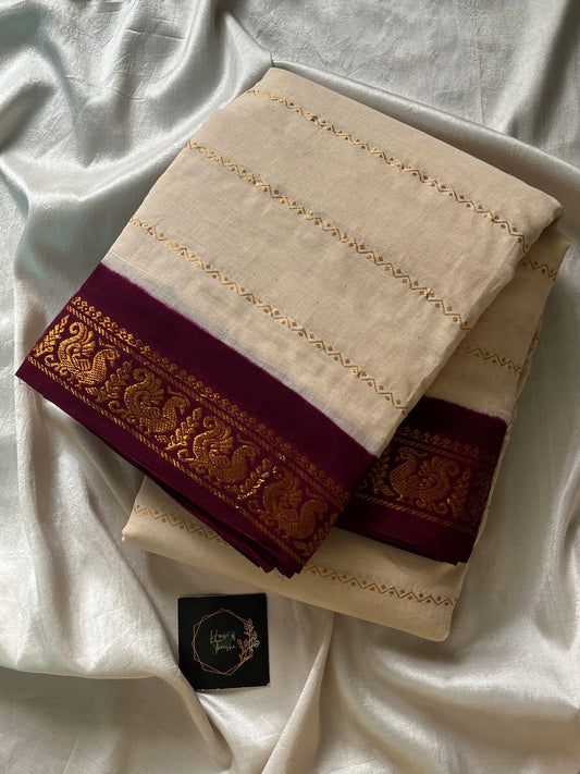 Sungudi Cotton Saree - Cream white