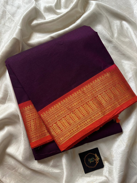 Dark Purple Chettinadu Cotton Saree with Orange Zari Border – House of Thansha