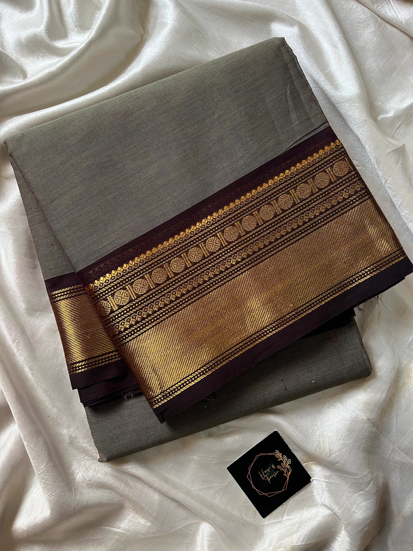 Grey Chettinadu Cotton Saree with Coffee Brown Zari Border – House of Thansha