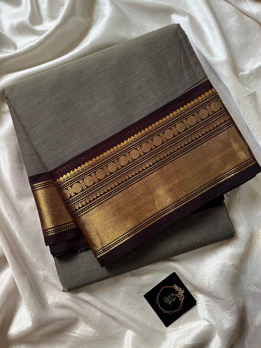 Grey Chettinadu Cotton Saree with Coffee Brown Zari Border – House of Thansha