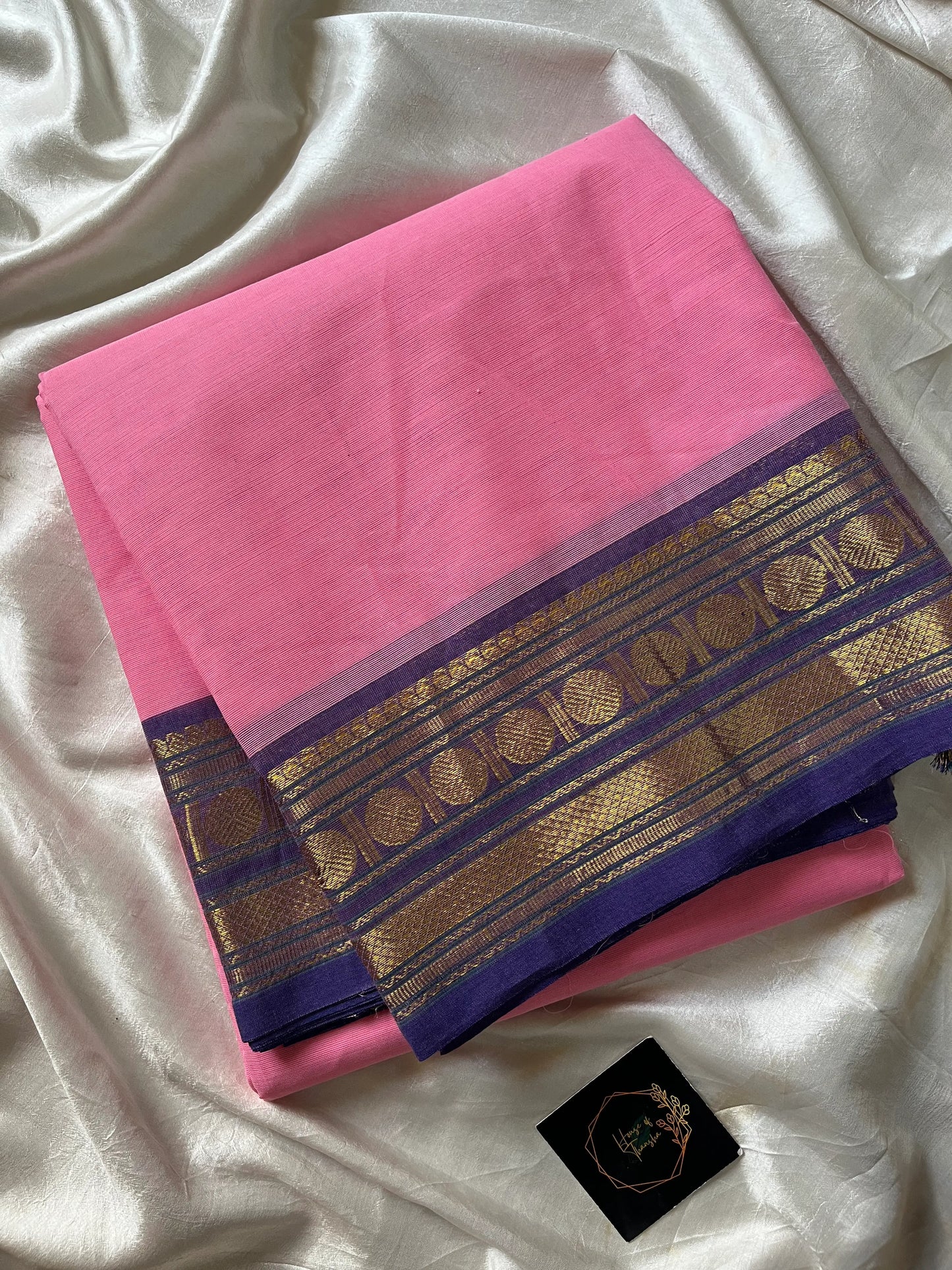 Rose Pink Chettinadu Cotton Saree with Violet Zari Border – House of Thansha