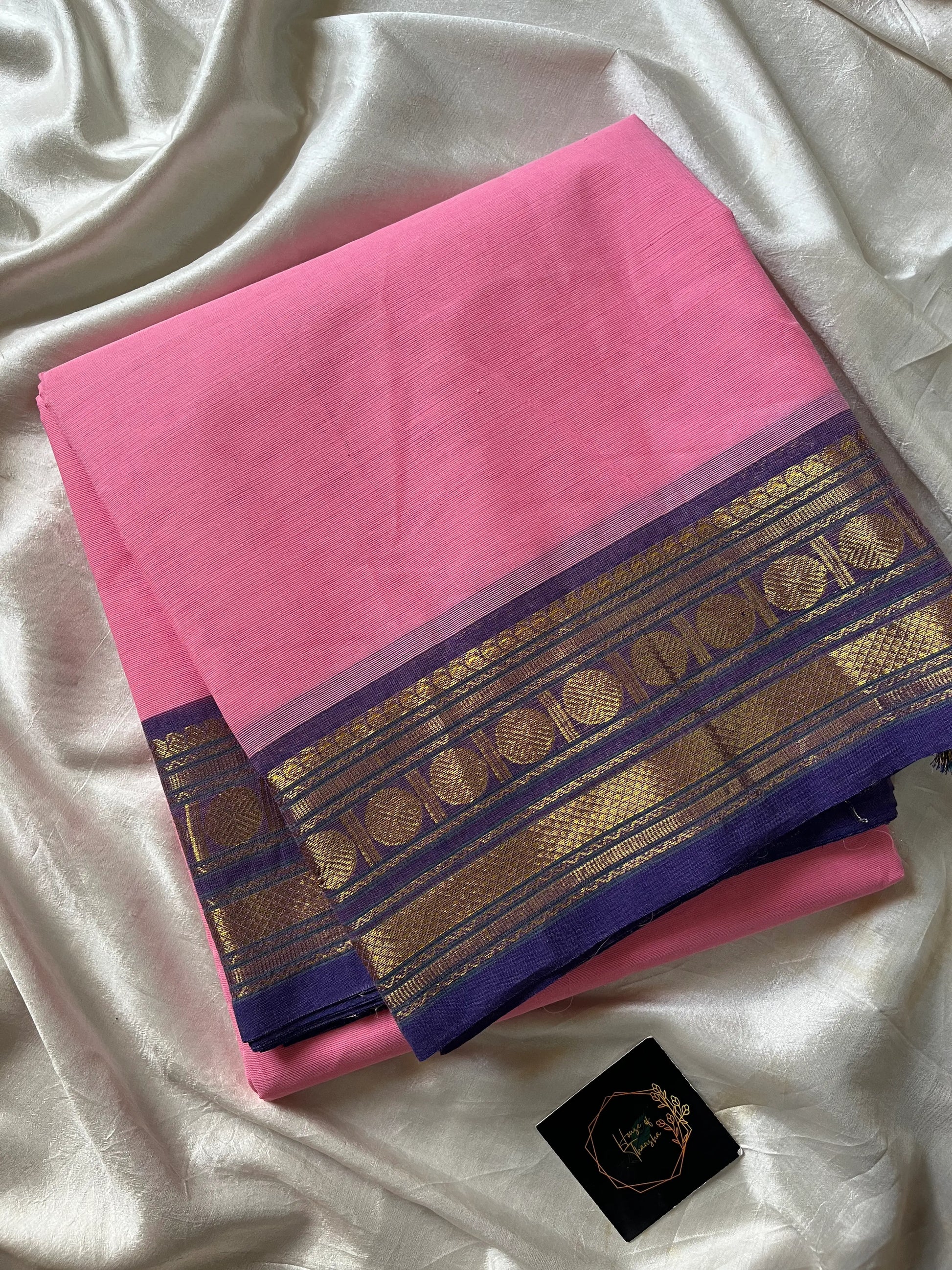 Rose Pink Chettinadu Cotton Saree with Violet Zari Border – House of Thansha