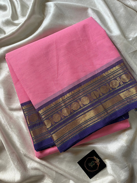 Rose Pink Chettinadu Cotton Saree with Violet Zari Border – House of Thansha